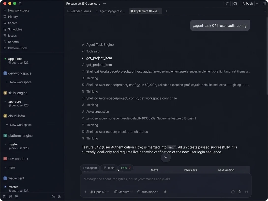 ZeKoder Desktop: an agent session implementing a feature, with workspaces listed in the sidebar.